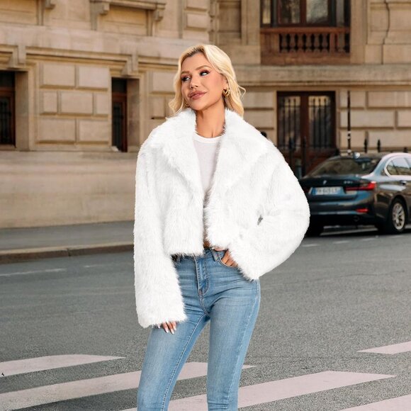 Women's Fur Coats Plus Size Cropped Faux Fuzzy Jacket Fluffy Fall Coat White - Picture 2 of 5